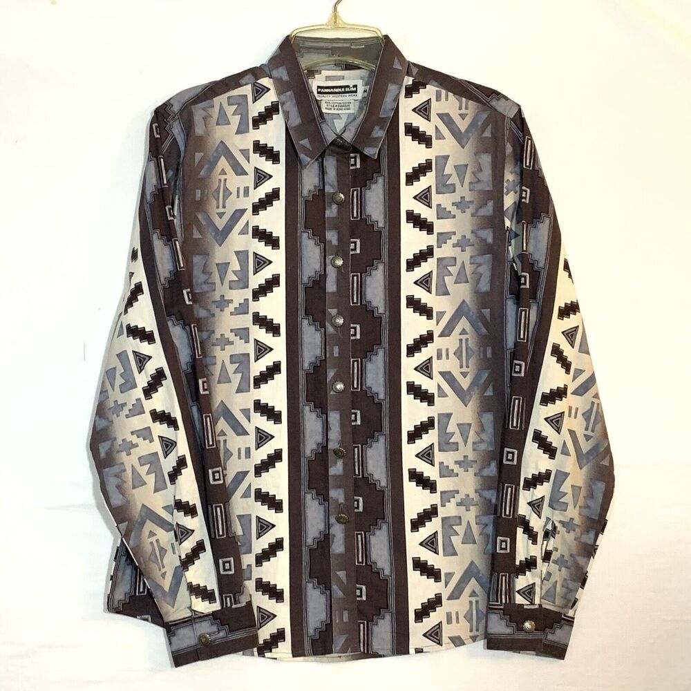 Vintage Panhandle Slim Shirt Womens Medium  Western Aztec Silver Buttons Cotton